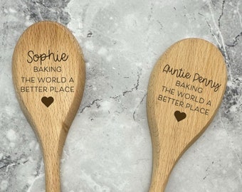Wooden Spoon 'Baking the world a better place' - Wood Spoons, Gifts for Mum Dad Grandma Auntie Friends Bakers Chefs Cake Makers
