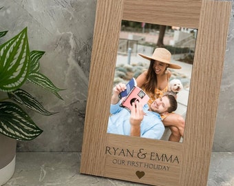 Our First Holiday - Oak Personalised Photo Frame - Wood Engraved Picture 6"X4" - Gift for memorable photographs