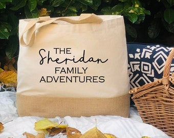 Personalized Family Jute Tote Bag, Organic Cotton Weekend Shopper