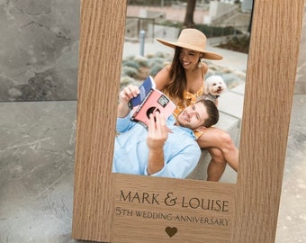 5th Wedding Anniversary Oak Personalised Photo Frame - Wood Engraved Picture 6"X4" -Custom Gift for Couples of Partners - Five Years Married