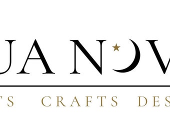 May include: A logo featuring the black text LUA NOVA with a crescent moon replacing the letter O and a small gold star centered above the moon. Below this, a thin horizontal line separates the text from the gold words GIFTS CRAFTS DESIGN.