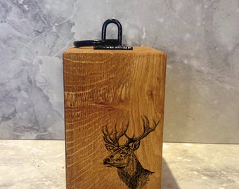 Engraved Stag Solid Oak Door Stop - Rustic Farmhouse Decor