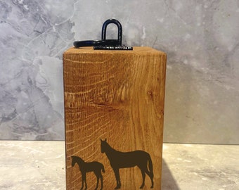 Personalised Mare and Foal - Horse - Solid Oak Wood Rustic Door Stop | Wooden Doorstop Weight &Metal Handle, Country Cottage Farmhouse Decor