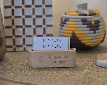 Custom Wooden Business Card Holder – Personalised Engraved Business Card Stand – Logo Holder and Display