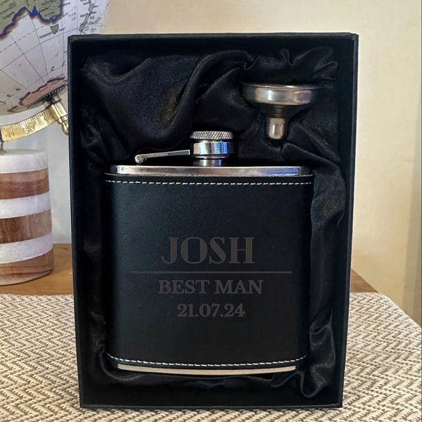 Grooms Party Hip Flask - Genuine Black Leather Hipflask 6oz - Personalised Gift for Him - Wedding Groomsman Gifts  - Whiskey - Hipflasks