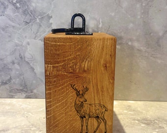 Stag Engraved Oak Door Stop – Rustic Wooden Doorstop with Handle