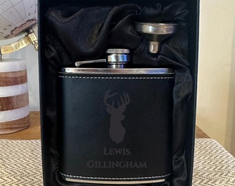 Genuine Black Leather Hip Flask 6oz - Personalised Gift for Him - Stag Head  - Whiskey - Hipflasks