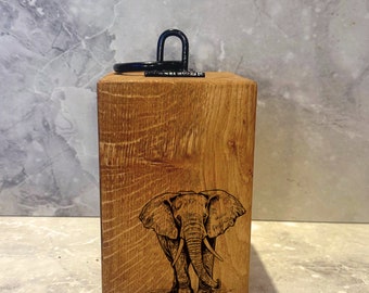 Personalised Elephant Design - Solid Oak Wood Rustic Door Stop | Wooden Doorstop Weight & Metal Handle, Country Cottage Farmhouse Decor