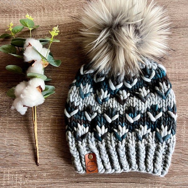 Hand-Knit Adult Luxury Beanie, Faux Fur Pom Hat // POMONA BEANIE