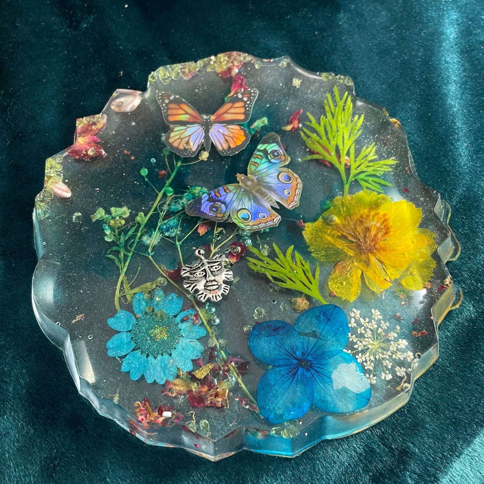 Handmade Resin Trinket Tray with Blue and Yellow Pressed Etsy