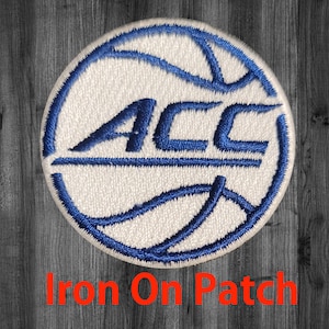 May include: White iron-on patch with a blue basketball and the letters "ACC" in a blue arc above the basketball. The text "Iron On Patch" is printed below the patch.