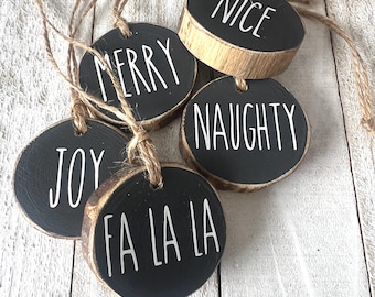 Rustic Personalized Mini Ornaments Set of 5 – Rae Dunn Inspired Wood Slice Christmas Decor | Custom Holiday Gift Set for Tree or Home