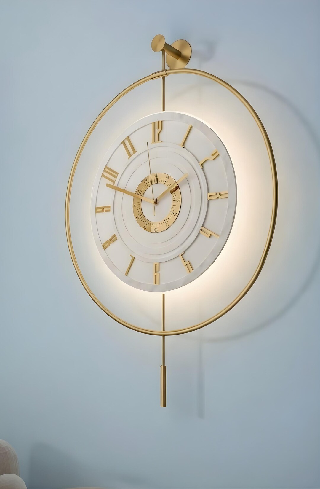 Gold White LED Wall Clock – Large Minimalist Modern Art With Pendulum ...