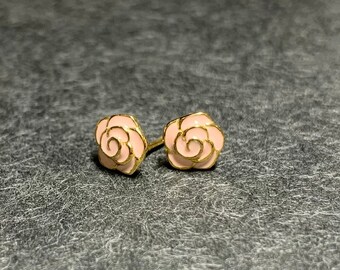 Pink Flower Enamel earrings, Enamel silver, Stud earrings, Gift for her