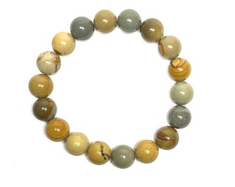 Pferde Jaspis 10 mm Perlenarmband, natürlicher Jaspis gelb und grün, Boho Schmuck, Jean Wear Armband
