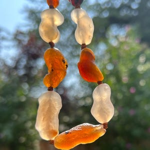 May include: A necklace with amber and white beads of varying shapes, strung on a brown cord. The amber beads display shades of orange and red. The background is a blurred view of green foliage and a blue sky.