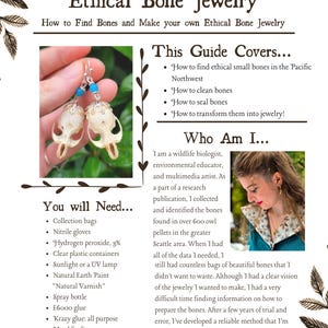 Könnte beinhalten: Ein Ratgeber von The Artful Biologist mit dem Titel "Ethical Bone Jewelry", der Knochenohrringe mit blauen Perlen zeigt. Der Text beschreibt, wie man Knochen für die Schmuckherstellung findet, reinigt und versiegelt, und listet benötigte Materialien auf.