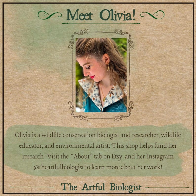 May include: A tan-colored Etsy shop announcement with the text "Meet Olivia!" above a framed photo of a woman. The text below states Olivia is a wildlife conservation biologist and artist. The shop is called "The Artful Biologist."