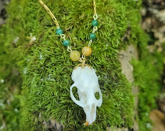 Può includere: Una collana con catena dorata con perline verdi e gialle e un ciondolo a forma di teschio di animale bianco. La collana è appoggiata su un letto di muschio verde.