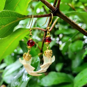 Può includere: Un paio di orecchini unici con piccole mascelle di animali, perline rosse e dettagli in metallo color oro. Gli orecchini pendono da ganci color oro e sono ambientati su uno sfondo di foglie verdi e un ramo marrone.