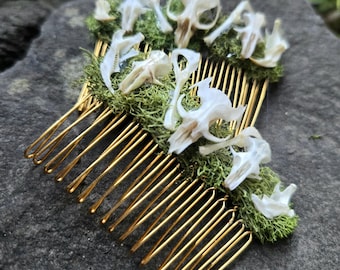 Può includere: Un pettine per capelli decorativo con una base in metallo dorato e più denti. Il pettine è adornato con piccoli elementi bianchi simili a ossa e macchie di muschio verde, creando un design naturale. Il pettine è posto su uno sfondo scuro e strutturato.