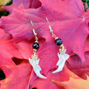 May include: A pair of unique earrings featuring bone-shaped pendants, black and white striped beads, and gold-colored accents. The earrings are displayed on a bed of vibrant red leaves, creating a striking contrast.