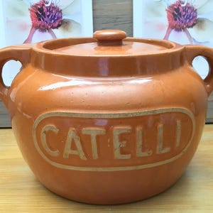 May include: An orange ceramic pot with a lid and two handles. The word "CATELLI" is embossed on the front. This pot is likely for cooking or serving food. The background features two floral art prints.