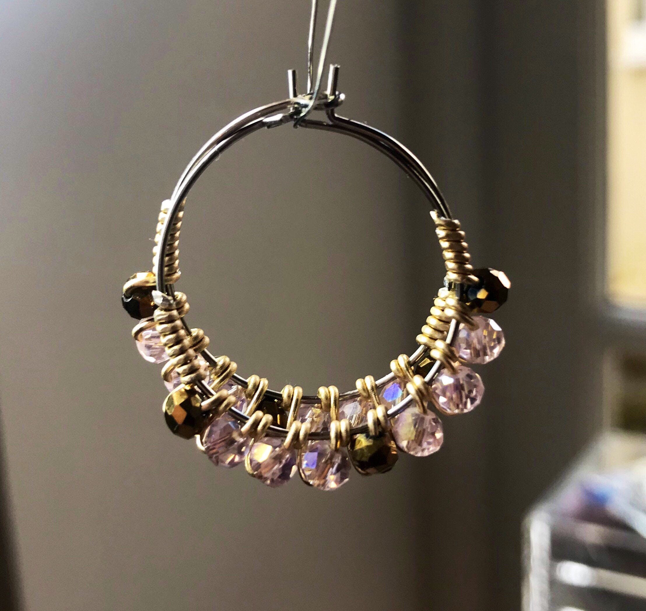 Pink hoops pink and gold crystal hoops wire wrapped hoops Etsy