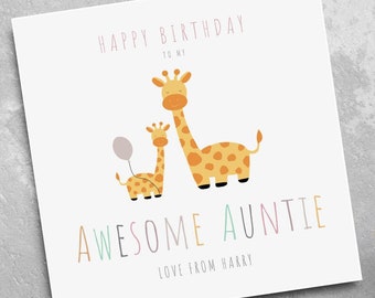 Personalised Auntie Birthday Card - Giraffe Birthday Card - Birthday Card for Auntie - Card for Auntie - Card for Aunty - Card for Her