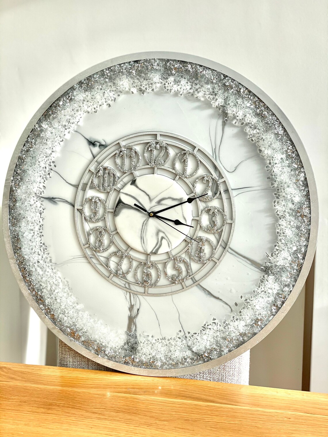 Silver Crystal Wall Clock Resin Clock Marble Wall Art Etsy