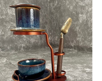 Fullset Ceramic Coffee Filter ,  Ceramic Coffee Dripper Pour Over Set / Hand Drawing Ceramic Coffee Set with Mug, spoon and metal frame