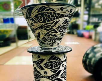 Ceramic Coffee Pour Over Coffee Filter / Ceramic Coffee Dripper Pour Over Set / Fish Hand-Carved Ceramic Coffee Set with Mug / Home Décor.