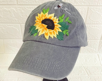 Sunflower Embroidered Cap, Custom Embroidery Hat, Floral Embroidery Woman Cap, Personalized gifts, Gifts for Her, Gift for Mom.