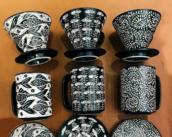 Ceramic Coffee Pour Over Coffee Filter / Ceramic Coffee Dripper Pour Over Set / Hand Carrving Ceramic Coffee Set with Mug / Home Décor.