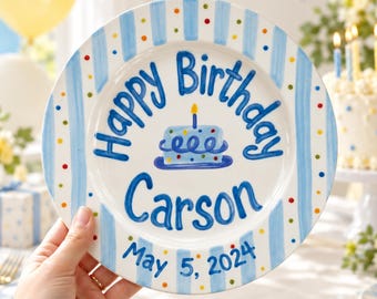 Custom Hand Painted Ceramic Birthday Plate, Blue Stripe Polka Dot Dish, Personalized Birthday Plate Date, First Birthday Gift Boy | B091