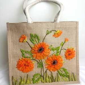 Sunflower Ribbon Embroidery jute tote bag | Roses Embroidered jute tote bag | Floral laptop bag, Summer tote bag | personalized gifts