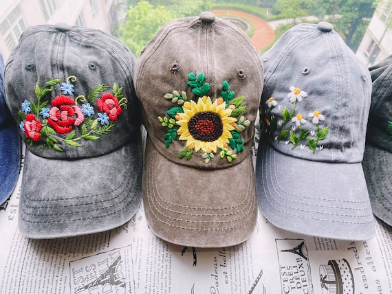 ひまわりの刺繍入りキャップ、カスタム手刺繍キャップ、花の刺繍入り
