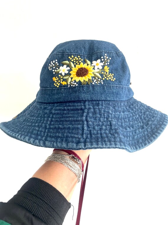 Floral Embroidery Denim Cowboy Hat, Sunflower Embroiderey  display picture 2