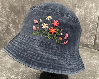 Floral Embroidery Bucket Hat | Black Denim Bucket Hat  display picture 1