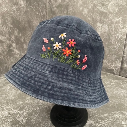 Floral Embroidery Bucket Hat | Black Denim Bucket Hat | Women Hat
