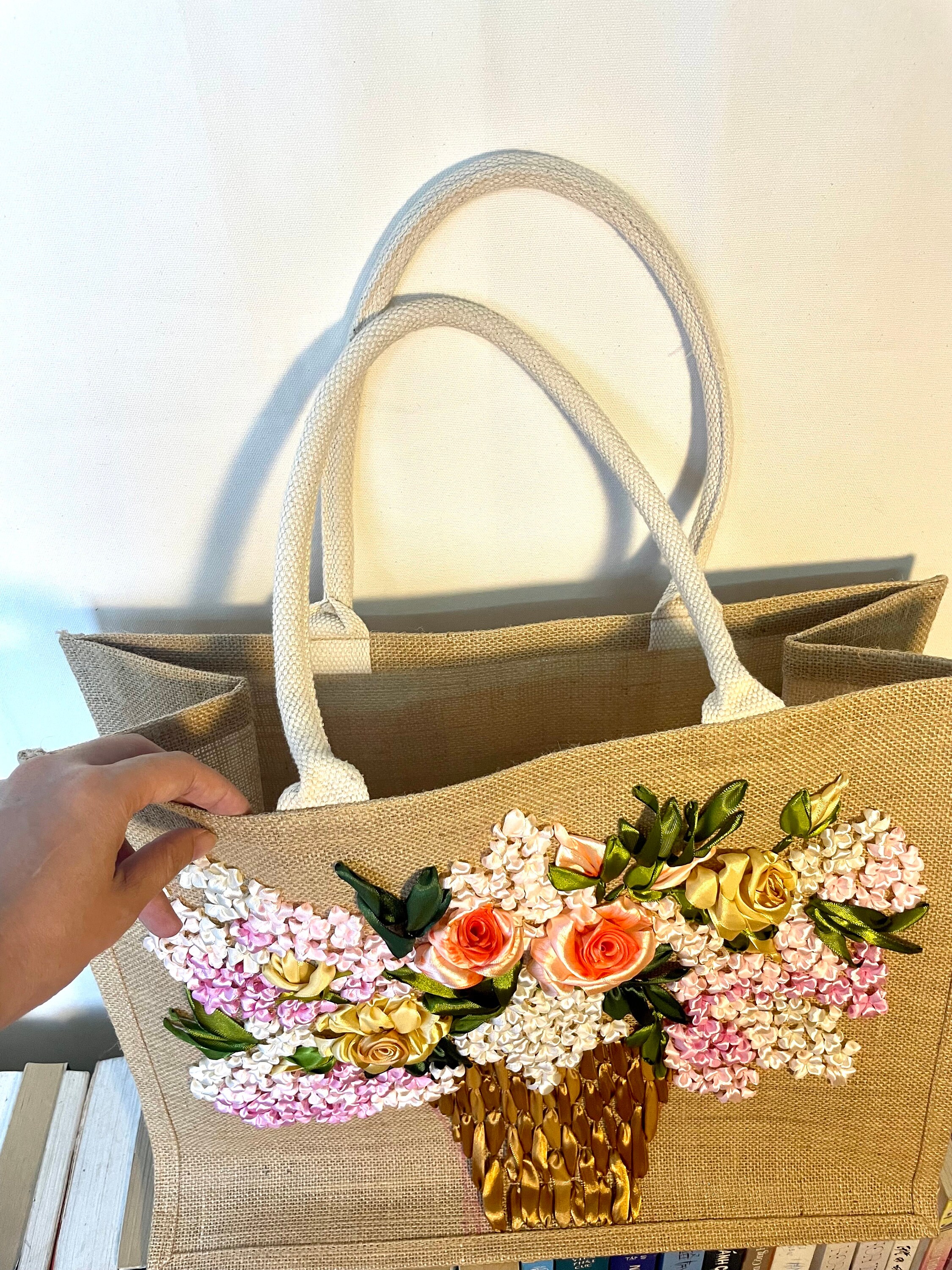 Roses Ribbon Embroidery Large Jute Tote Bag Ribbon Embroidery Roses Jute Tote Bag Roses Flowers Tote Bag Gift for Mom Big Tote Bag