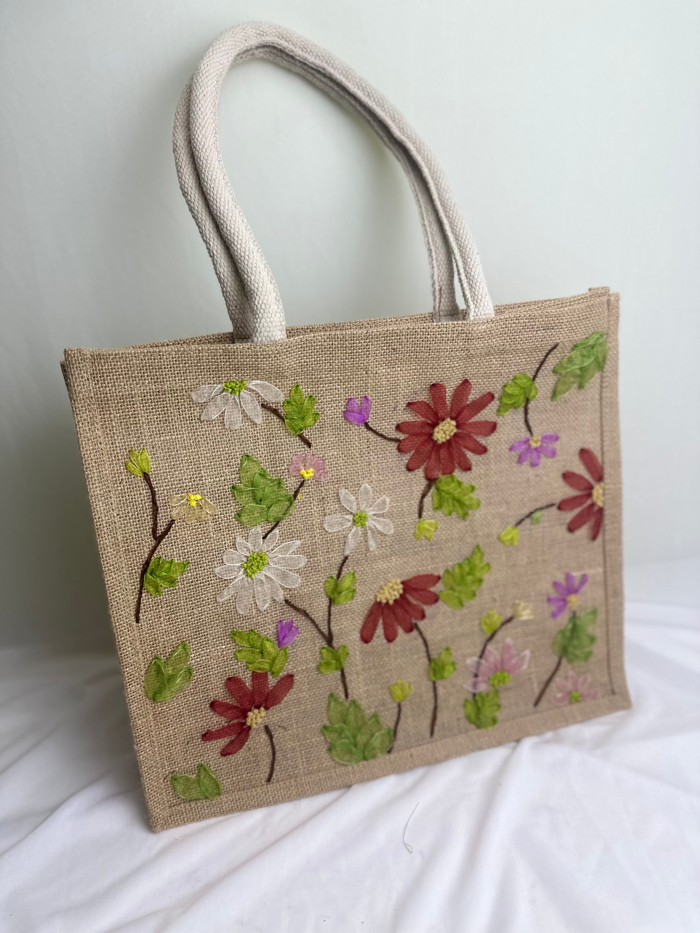 Hand Embroidered Burlap Bag, Flower Garden Jute Bag, Cute