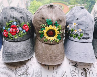 ひまわりの刺繍入りキャップ、カスタム手刺繍キャップ、花の刺繍入り