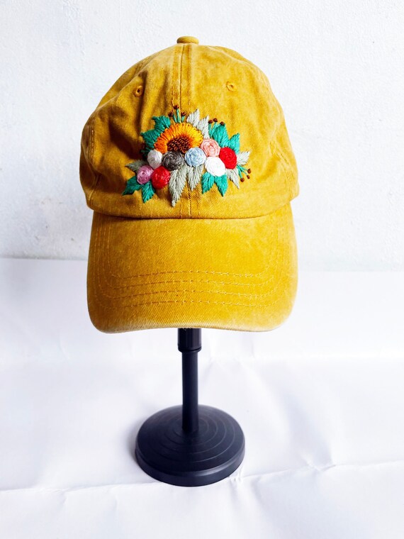 Embroidered Yellow Women\'s Cap Hand Embroidered Flower Cap - Mustard Yellow Orange Cap  main image 4