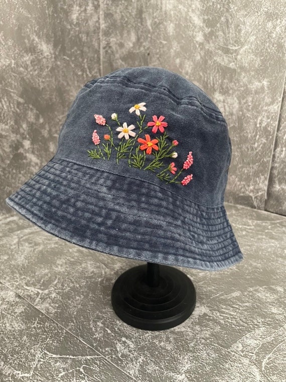 Floral Embroidery Bucket Hat | Black Denim Bucket Hat | Women Hat