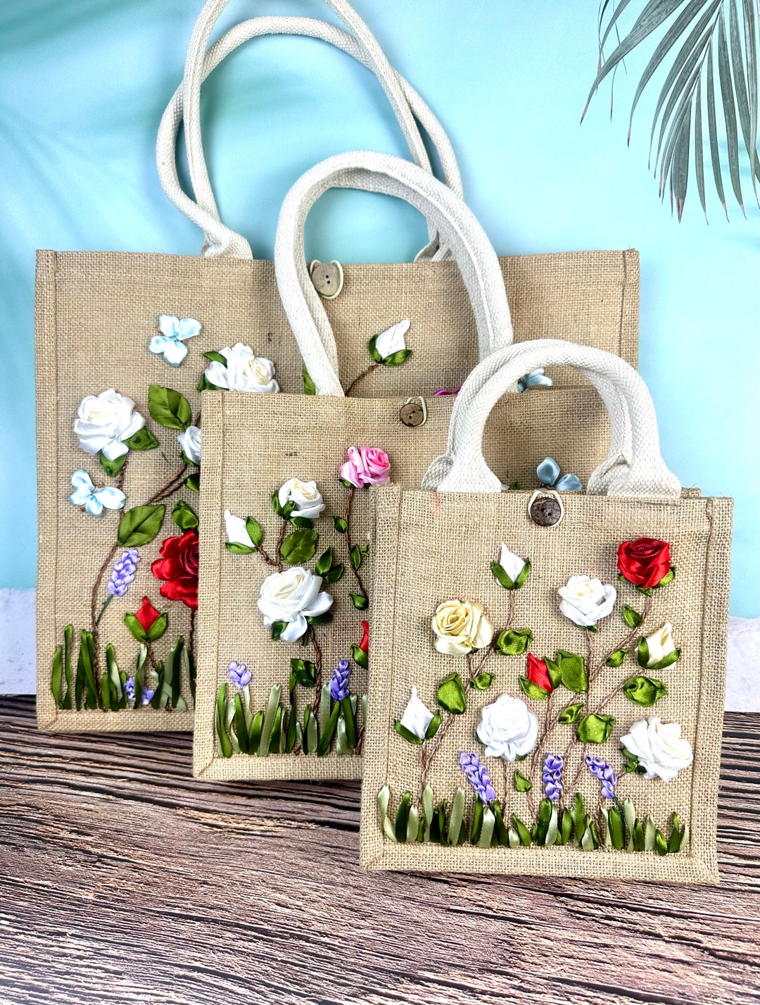 Roses Garden Ribbon Embroidery Jute Tote Bag | Roses