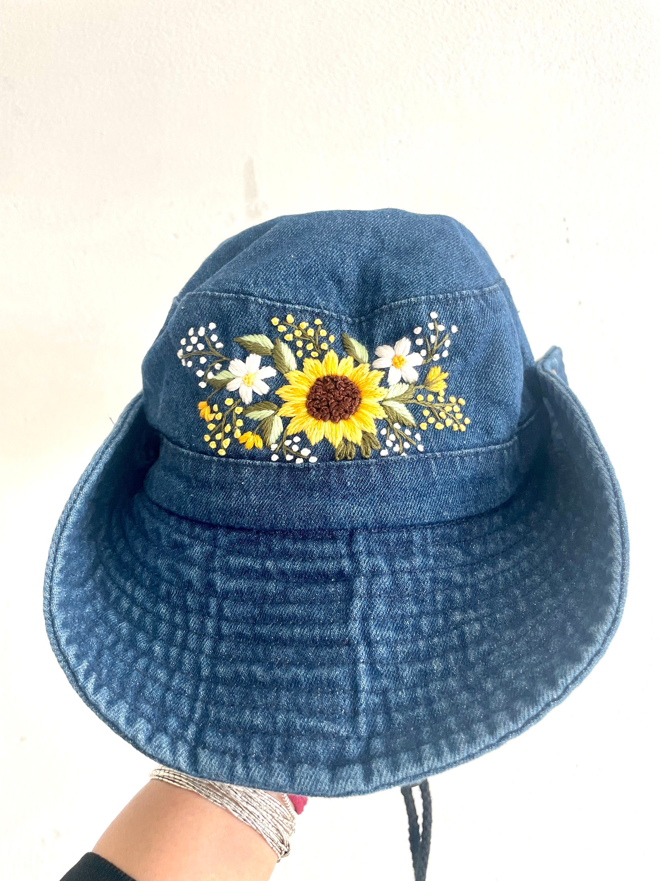 Floral Embroidery Denim Cowboy Hat, Sunflower Embroiderey  display picture 3