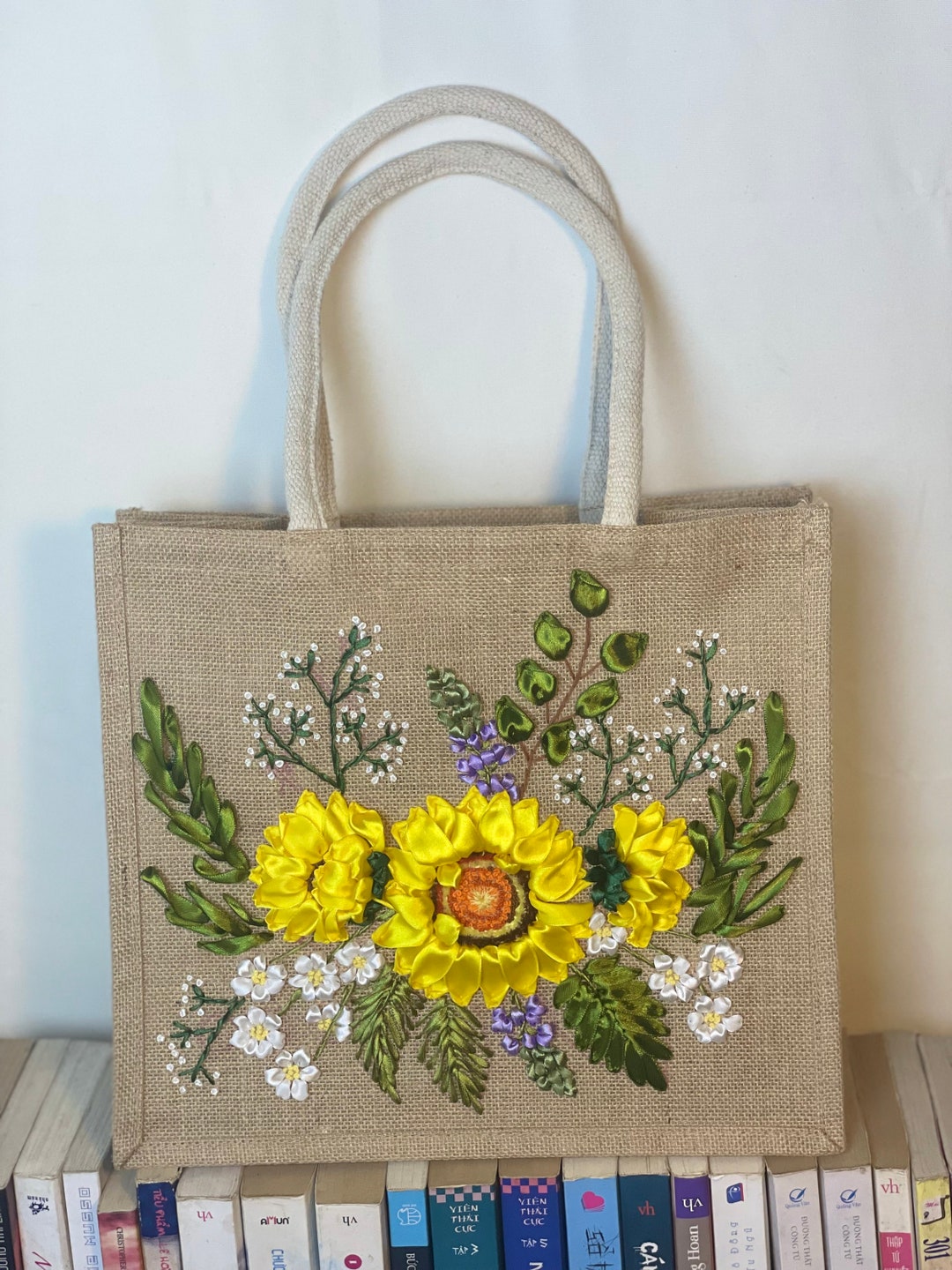 Ribbon Embroidery Jute Tote Bag Sunflower Embroidered Jute Tote Bag