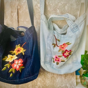 Stickerei Denim Einkaufstasche | Stickerei Jeans Einkaufstasche |Blumige gestickte Einkaufstasche | Geschenk für Mama | Jeans-Laptoptasche