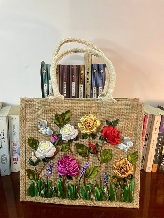 Embroidered Ribbon Detail Brown Tote Backpack Ribbon Embroidery Jute Tote Bag | Roses Embroidered Jute  main image 3